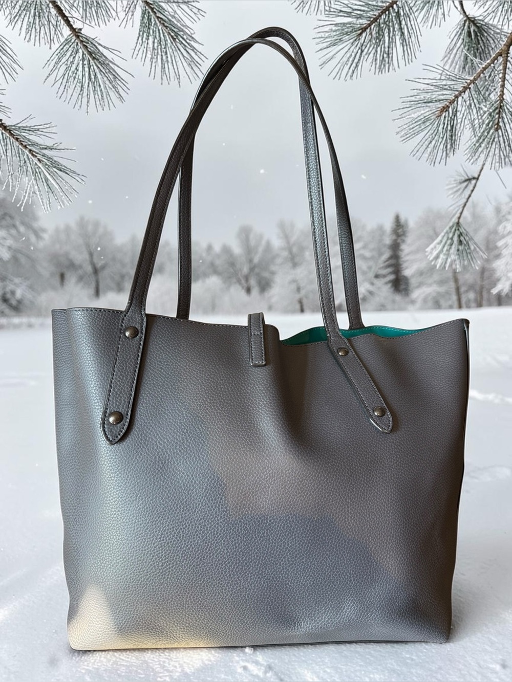 Coach Market Tote Gray Pebble Leather Teal Interior - Picture 5 of 10